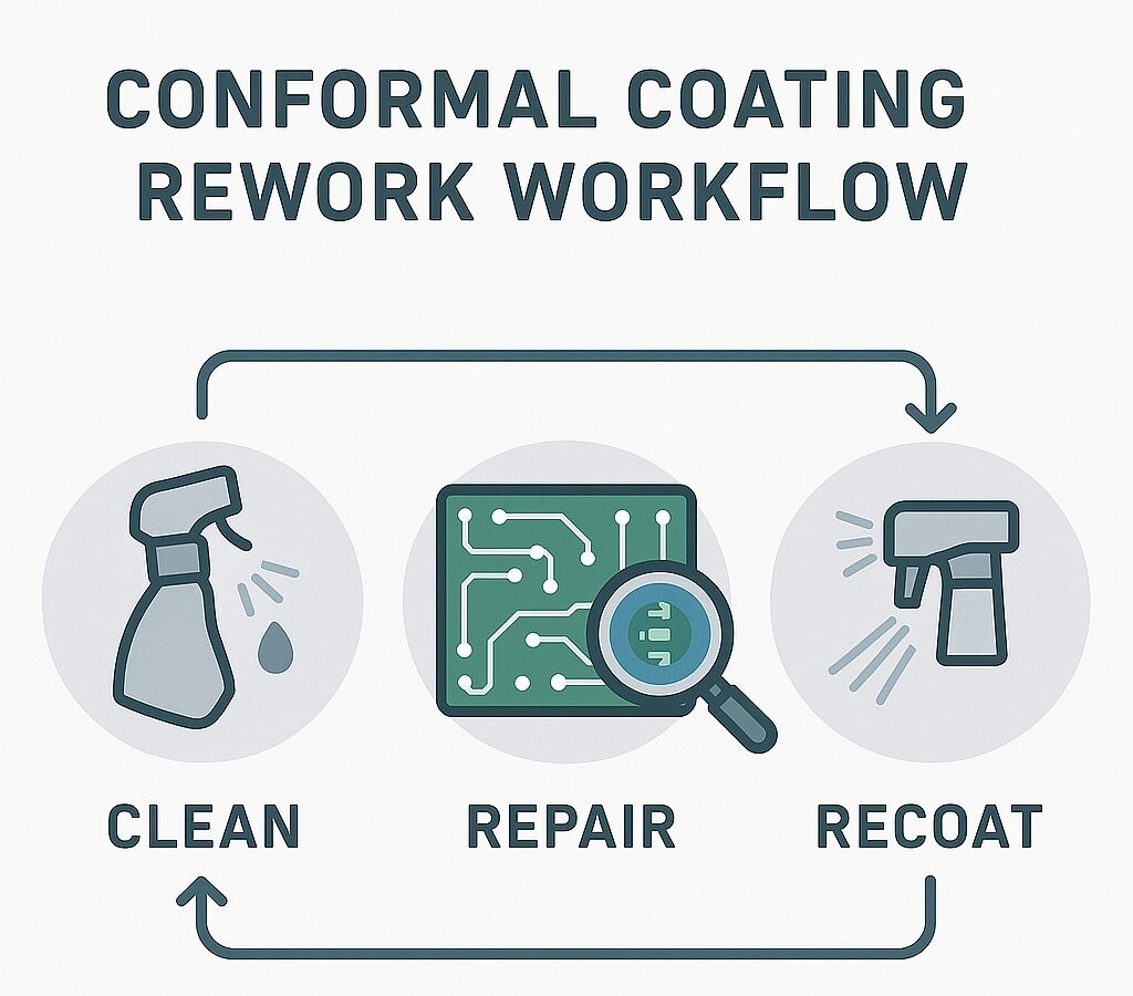Infographic illustrating the conformal coating rework workflow: clean, repair, and recoat steps with inspection and ESD control.