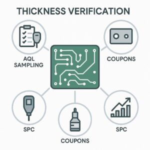 Infographic showing conformal coating thickness verification methods with AQL sampling, test coupons, SPC monitoring, and measurement tools