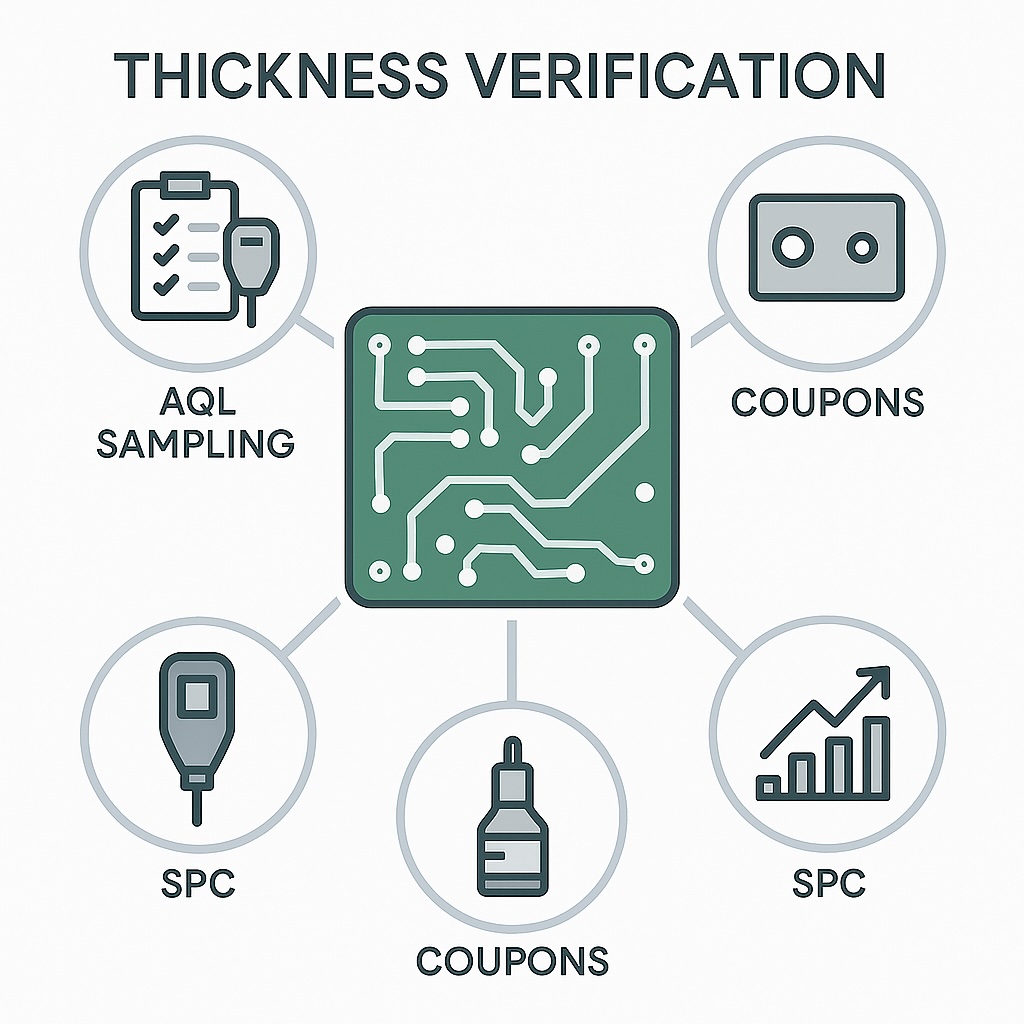 Infographic showing conformal coating thickness verification methods with AQL sampling, test coupons, SPC monitoring, and measurement tools