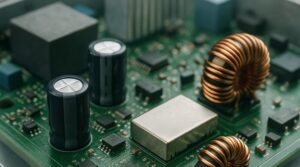 Solar inverter PCB with capacitors, inductors, and heatsink protected by conformal coating, Parylene, and ProShield ESD solutions