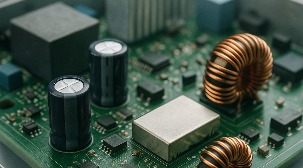 Solar inverter PCB with capacitors, inductors, and heatsink protected by conformal coating, Parylene, and ProShield ESD solutions