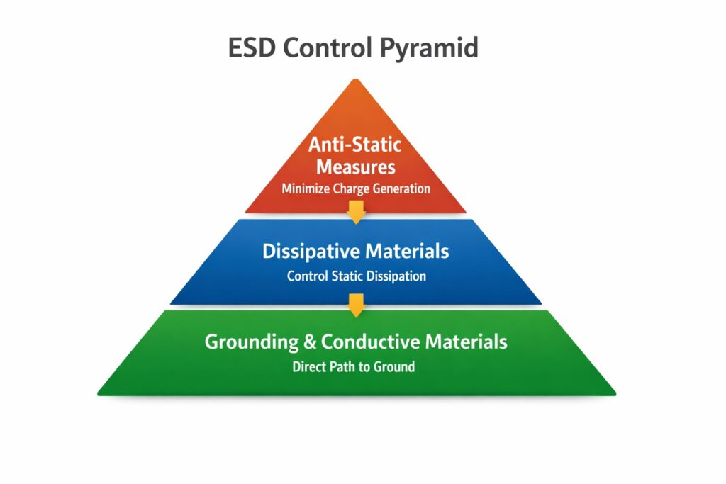 ESD control pyramid showing grounding, conductive and dissipative layers supported by ProShield ESD coatings