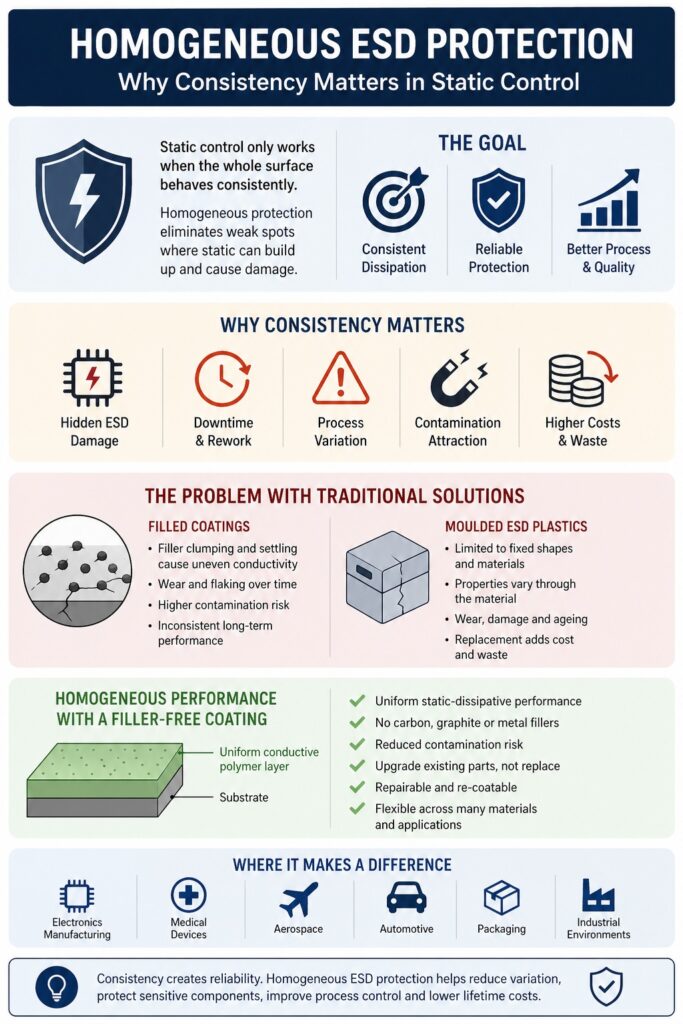 Infographic showing homogeneous ESD protection and why consistent static dissipative behaviour across surfaces improves reliability and reduces failure risk