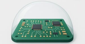 Illustration of PCB under transparent protective dome with labels Acrylic, Urethane, Silicone, Epoxy, Parylene, and ProShieldESD showing how to select a conformal coating material