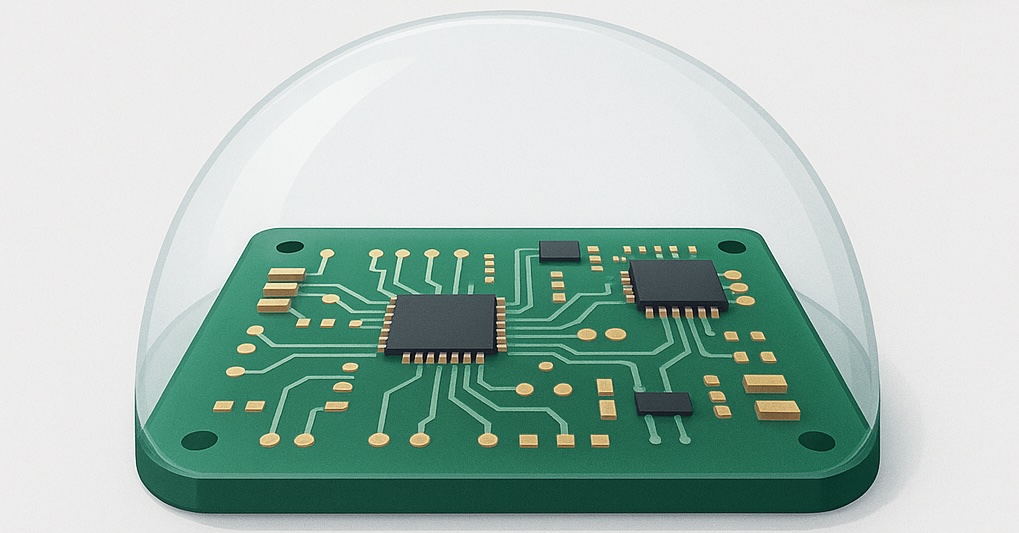 Illustration of PCB under transparent protective dome with labels Acrylic, Urethane, Silicone, Epoxy, Parylene, and ProShieldESD showing how to select a conformal coating material