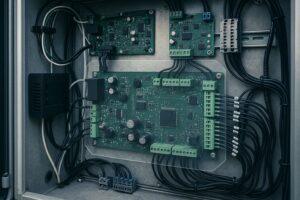 Industrial control cabinet with PCBs, wiring, and connectors protected by conformal coating, Parylene, and ProShield ESD solutions