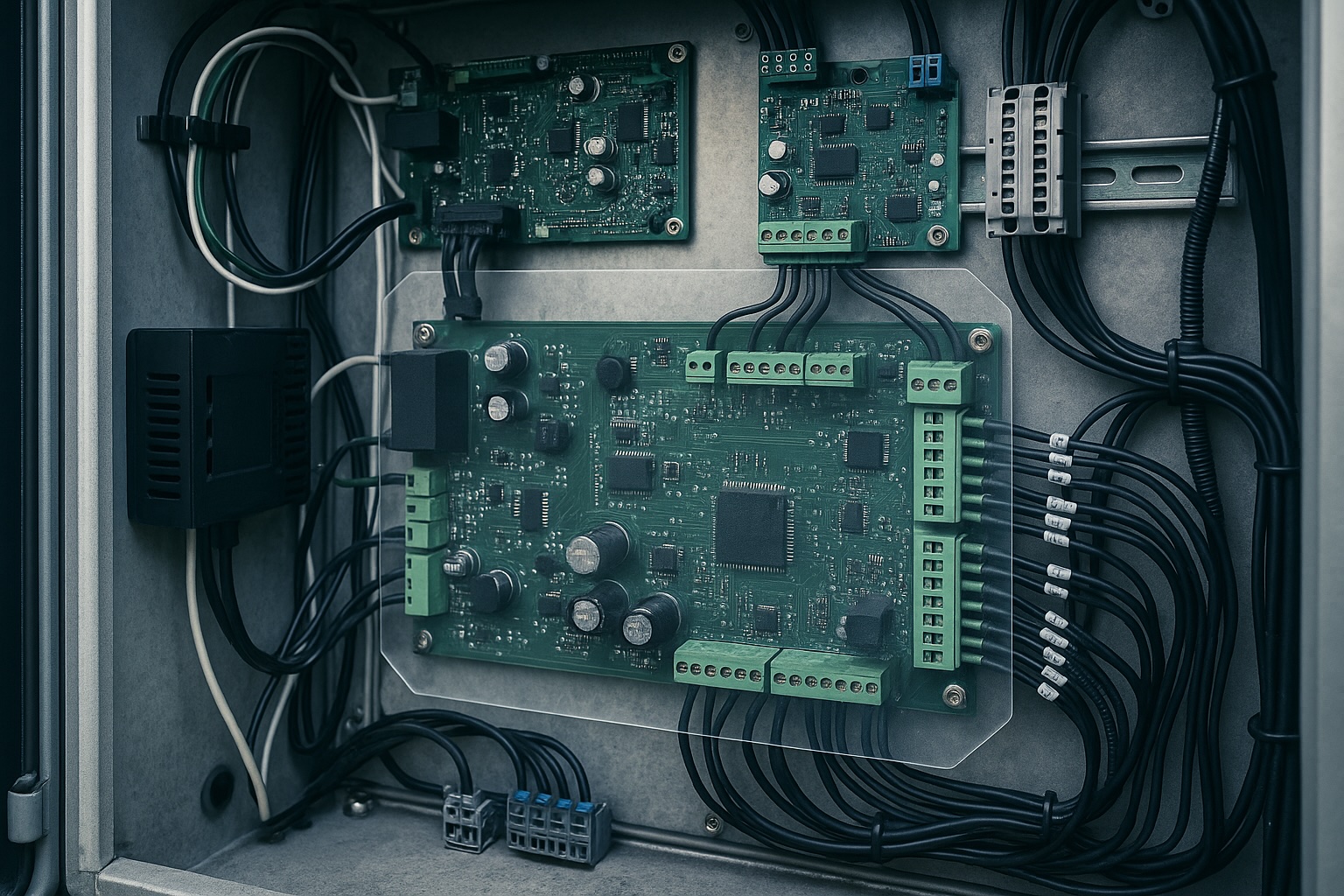 Industrial control cabinet with PCBs, wiring, and connectors protected by conformal coating, Parylene, and ProShield ESD solutions