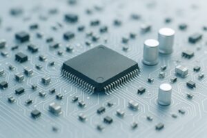 Macro close-up of medical device PCB with microelectronics protected by Parylene conformal coating for reliability and biocompatibility