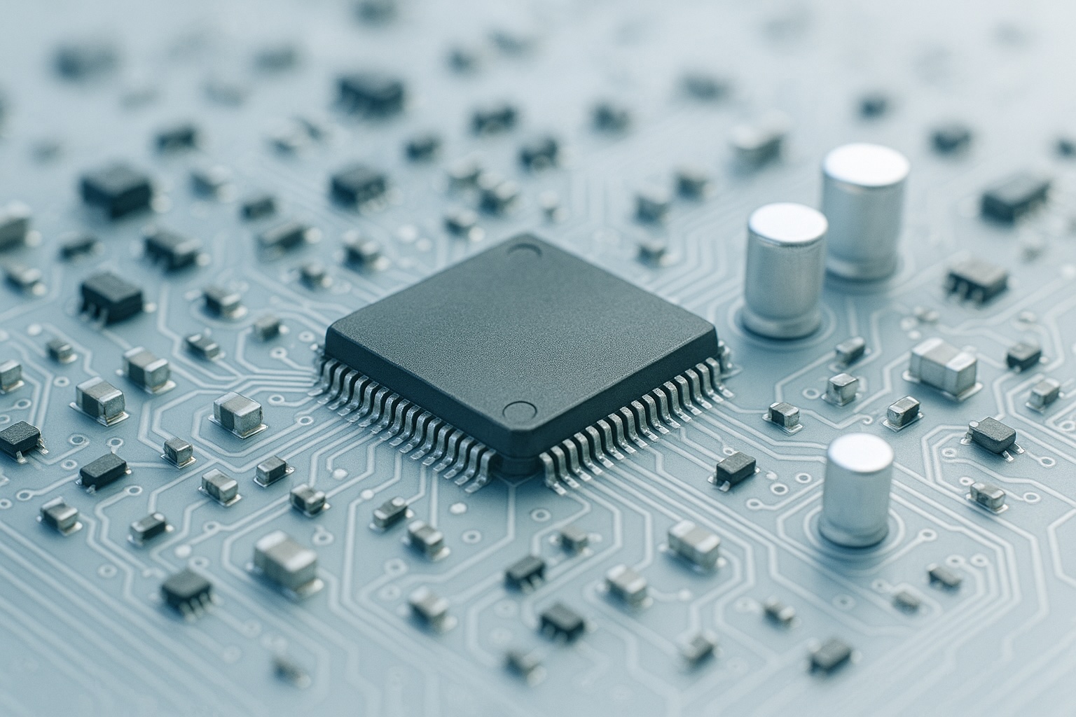 Macro close-up of medical device PCB with microelectronics protected by Parylene conformal coating for reliability and biocompatibility