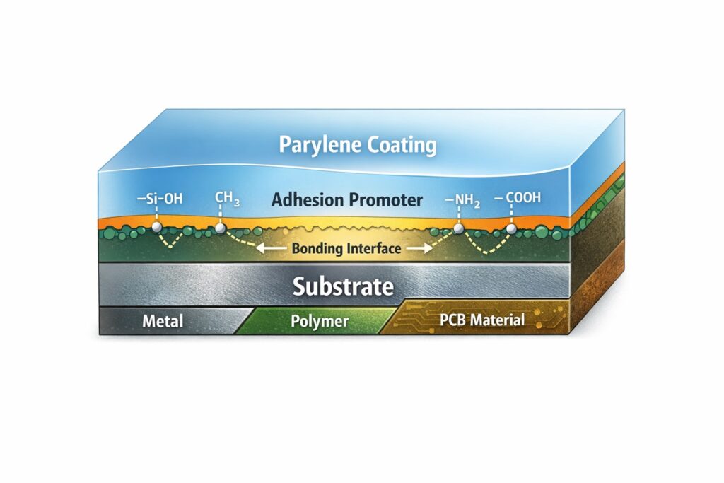 Diagram showing how a Parylene adhesion promoter improves bonding between the substrate and Parylene coating