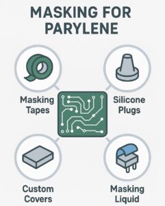 Infographic of Parylene masking methods including reusable boots, tapes and dots, and custom shapes to protect PCB connectors and keep-out zones.