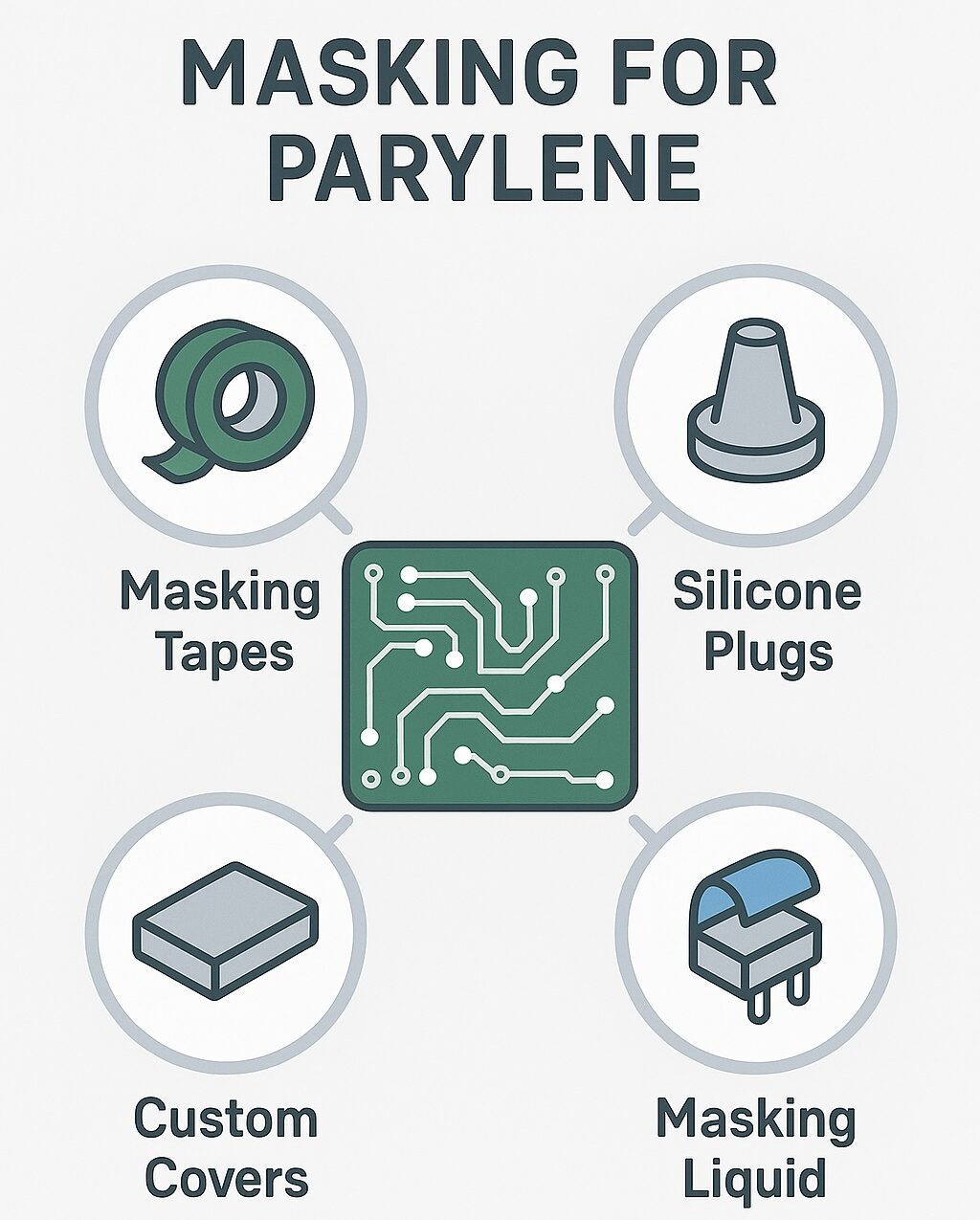 Infographic of Parylene masking methods including reusable boots, tapes and dots, and custom shapes to protect PCB connectors and keep-out zones.