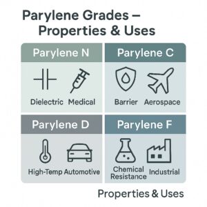 Infographic showing Parylene basics with Dimer grades N, C, D, and F, highlighting key properties and typical uses in electronics and medical devices.”