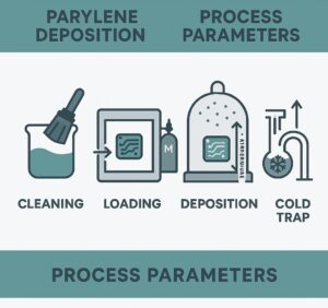 Infographic showing the Parylene deposition process parameters including sublimation, pyrolysis, deposition, and cooling in a CVD system.