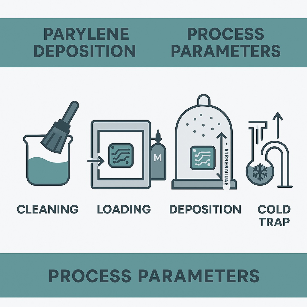 Infographic showing the Parylene deposition process parameters including sublimation, pyrolysis, deposition, and cooling in a CVD system.