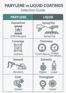 Infographic comparing Parylene vs liquid conformal coatings with side-by-side icons for deposition, coverage, thickness, rework, cost and throughput.