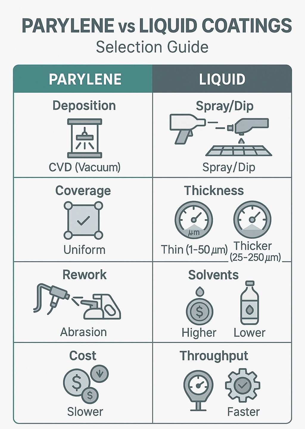 Infographic comparing Parylene vs liquid conformal coatings with side-by-side icons for deposition, coverage, thickness, rework, cost and throughput.