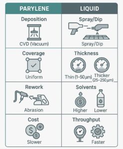 Infographic comparing Parylene vs liquid conformal coatings with side-by-side icons for deposition, coverage, thickness, rework, cost and throughput.