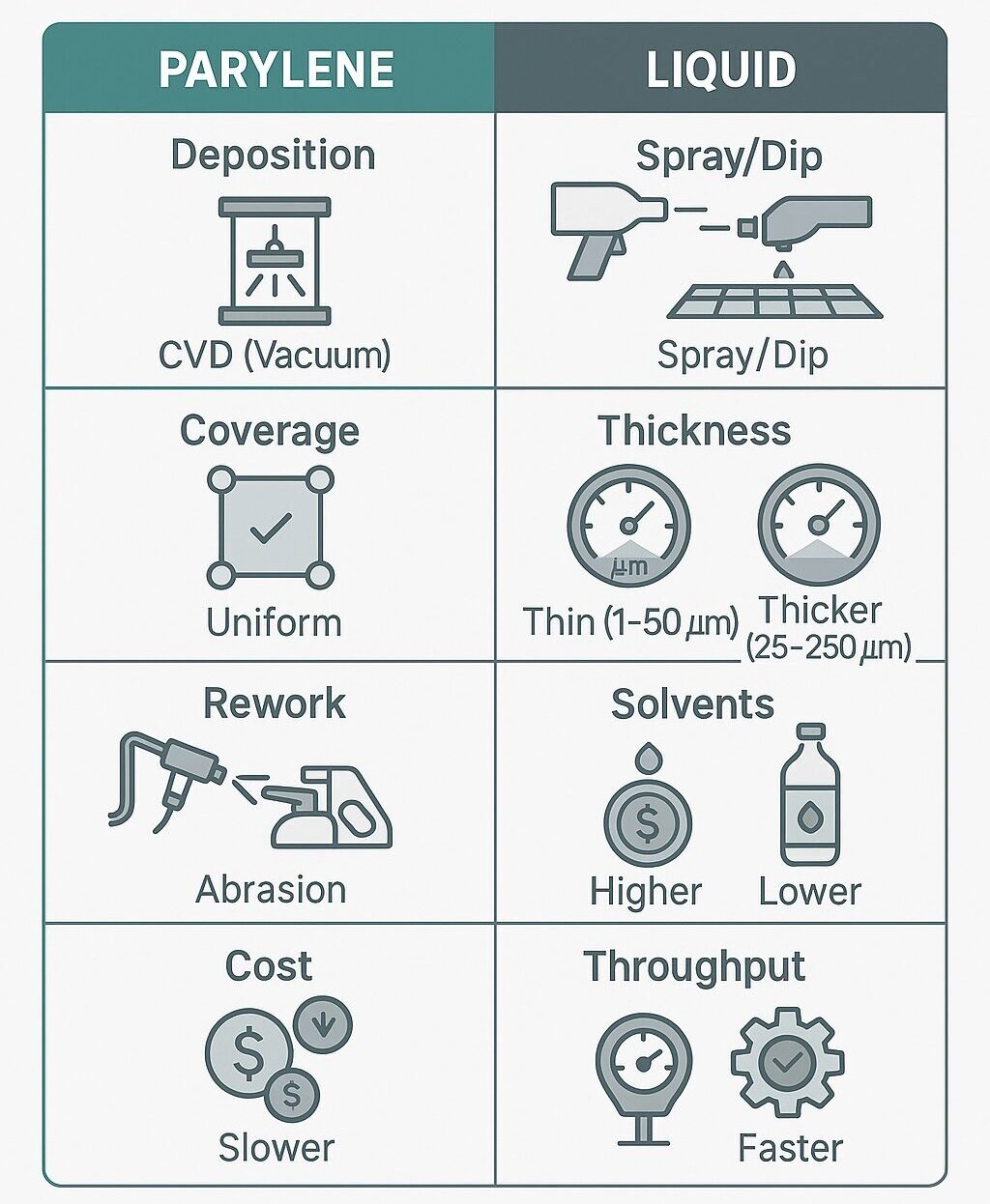 Infographic comparing Parylene vs liquid conformal coatings with side-by-side icons for deposition, coverage, thickness, rework, cost and throughput.