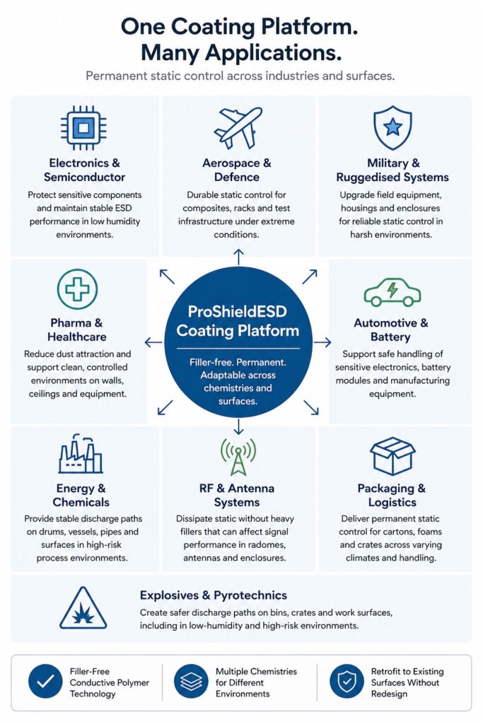 Infographic showing ESD coating applications across industries including electronics, aerospace, healthcare, packaging and hazardous environments using a single coating platform