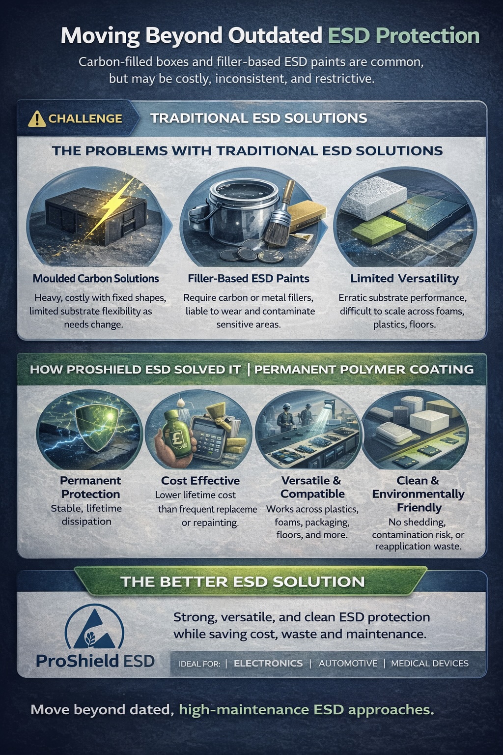 Infographic comparing traditional moulded and filler-based ESD solutions with ProShieldESD permanent polymer coating for reliable long-term static protection