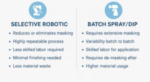 Infographic comparing selective robotic conformal coating with batch spray and dip methods, showing advantages and challenges for PCB protection.
