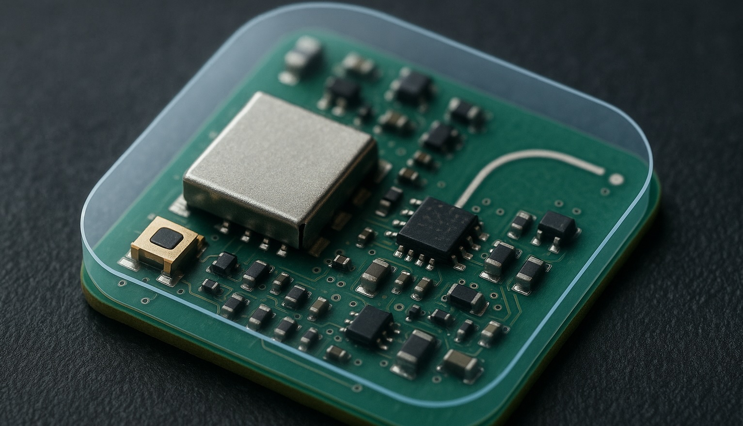 Compact IoT PCB with RF shielding can and gold connector protected by conformal coating, Parylene, and ProShield ESD solutions
