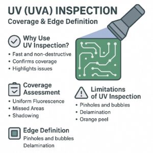 Infographic showing UV (UVA) inspection for conformal coating, highlighting coverage assessment, edge definition, and limitations.
