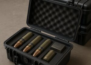 Open black ESD-safe protective case with foam inserts holding UXO shells, demonstrating ProShieldESD static control for explosives storage
