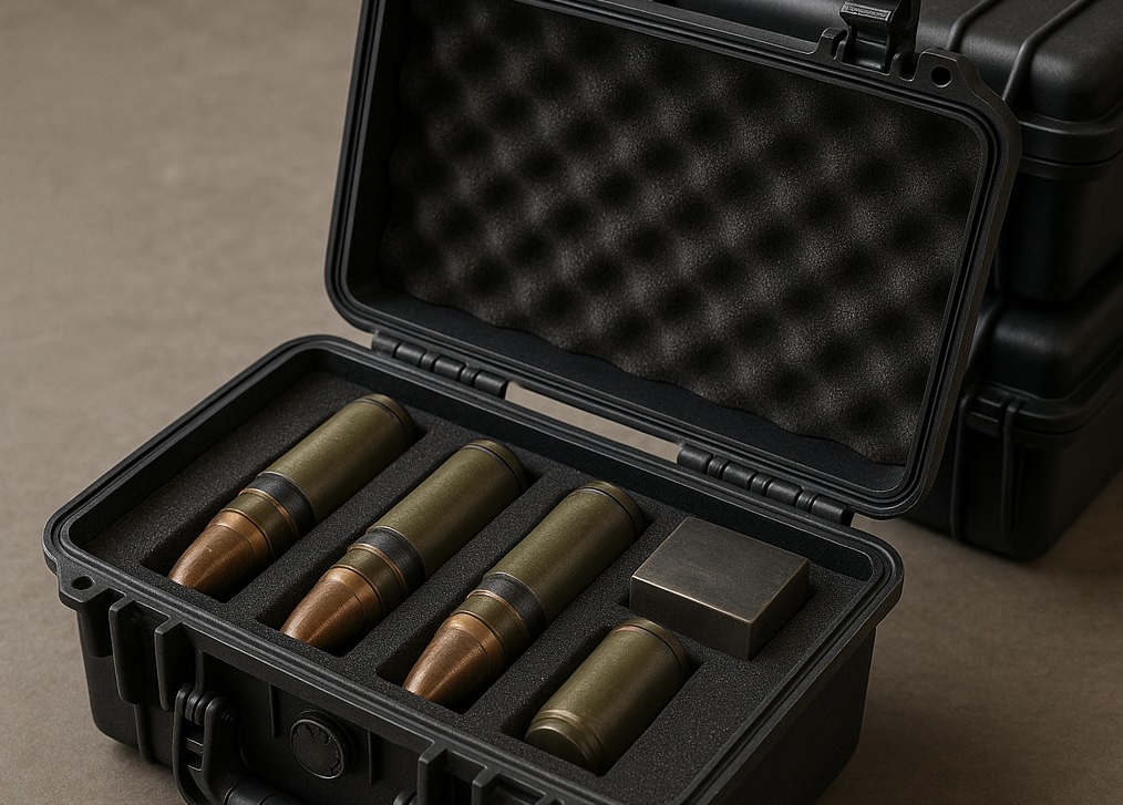 Open black ESD-safe protective case with foam inserts holding UXO shells, demonstrating ProShieldESD static control for explosives storage