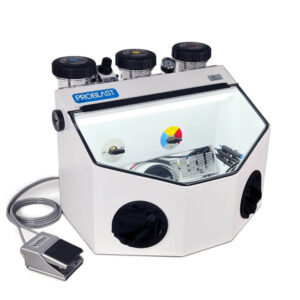 Vaniman Problast micro-abrasion system for conformal coating and Parylene removal in PCB repair and rework.