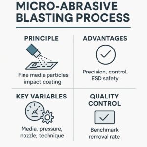 Infographic of the micro-abrasive blasting process showing media, pressure, nozzle and technique for precise coating removal