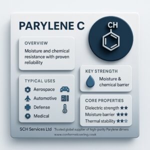 3D infographic for Parylene C dimer by SCH Services Ltd, showing overview, key strengths, typical uses, and core properties with moisture and chemical barrier emphasis and aerospace, automotive, defence, and medical icons