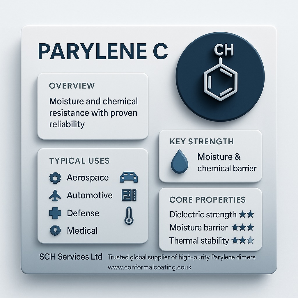 3D infographic for Parylene C dimer by SCH Services Ltd, showing overview, key strengths, typical uses, and core properties with moisture and chemical barrier emphasis and aerospace, automotive, defence, and medical icons