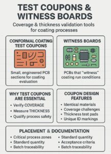 Simple infographic showing conformal coating test coupons, witness boards, why they’re essential, key design features, and placement/documentation points.