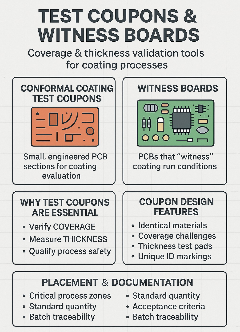 Simple infographic showing conformal coating test coupons, witness boards, why they’re essential, key design features, and placement/documentation points.