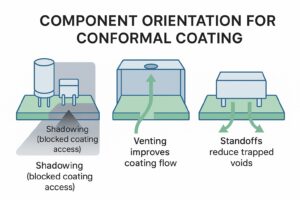 Simple diagram showing shadowing, venting and standoffs to improve component orientation for conformal coating.