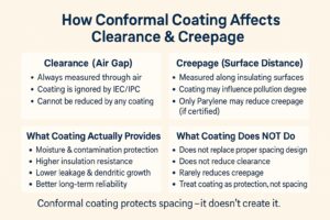 Iinfographic showing how conformal coating affects clearance and creepage, highlighting that clearance cannot be reduced and creepage only changes with certified Parylene.