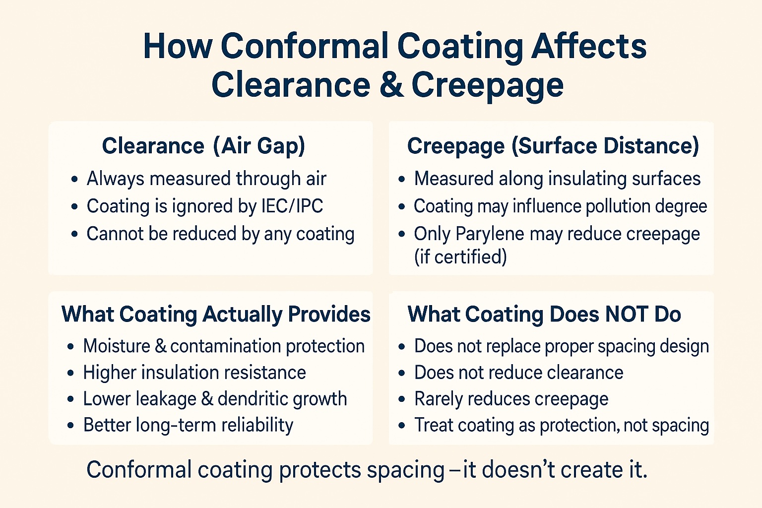 Iinfographic showing how conformal coating affects clearance and creepage, highlighting that clearance cannot be reduced and creepage only changes with certified Parylene.