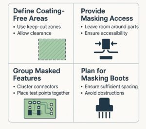 Infographic showing four principles of conformal coating masking-friendly PCB design: coating-free areas, masking access, grouped features, and spacing for masking boots.