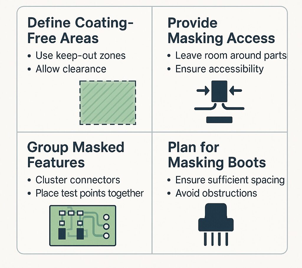 Infographic showing four principles of conformal coating masking-friendly PCB design: coating-free areas, masking access, grouped features, and spacing for masking boots.