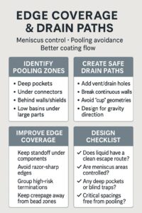 Simple infographic showing how to design edge coverage and drain paths for conformal coating, including pooling zones, drain paths, edge coverage tips, and a design checklist.