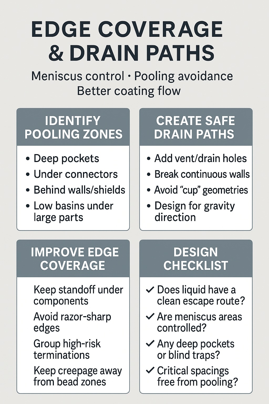Simple infographic showing how to design edge coverage and drain paths for conformal coating, including pooling zones, drain paths, edge coverage tips, and a design checklist.
