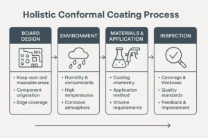 Infographic showing the holistic conformal coating process: board design, environment, materials and application, and inspection, arranged as a step-by-step flow.