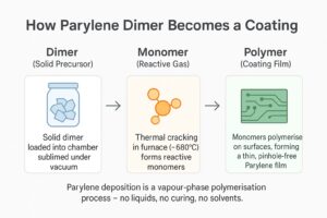 Infographic showing how Parylene dimer is sublimed, cracked to monomer gas, and polymerised into a conformal coating film.