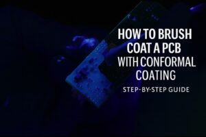 Operator applying conformal coating to a PCB under 365 nm UV light, showing brush coating technique and coverage inspection.