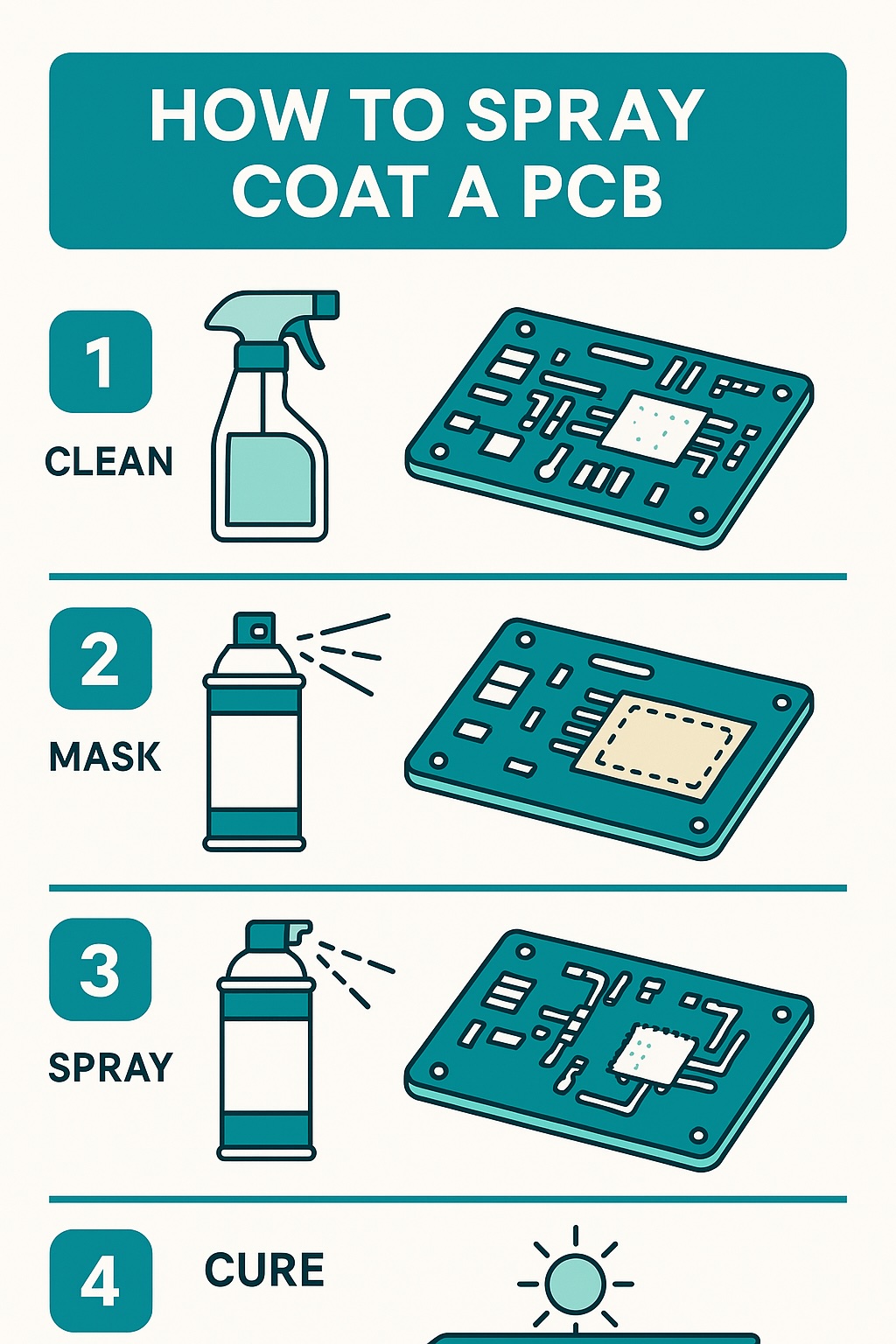 nfographic showing how to spray coat a PCB with conformal coating – clean, mask, spray and cure steps