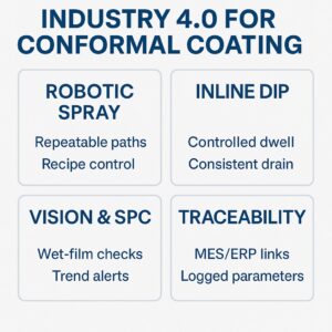 Infographic illustrating Industry 4.0 in conformal coating, highlighting robotic spray control, inline dip coating, vision inspection with SPC data, and full digital traceability.