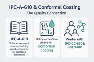 Infographic showing IPC-A-610 and conformal coating relationship with key linked standards IPC-CC-830 and J-STD-001