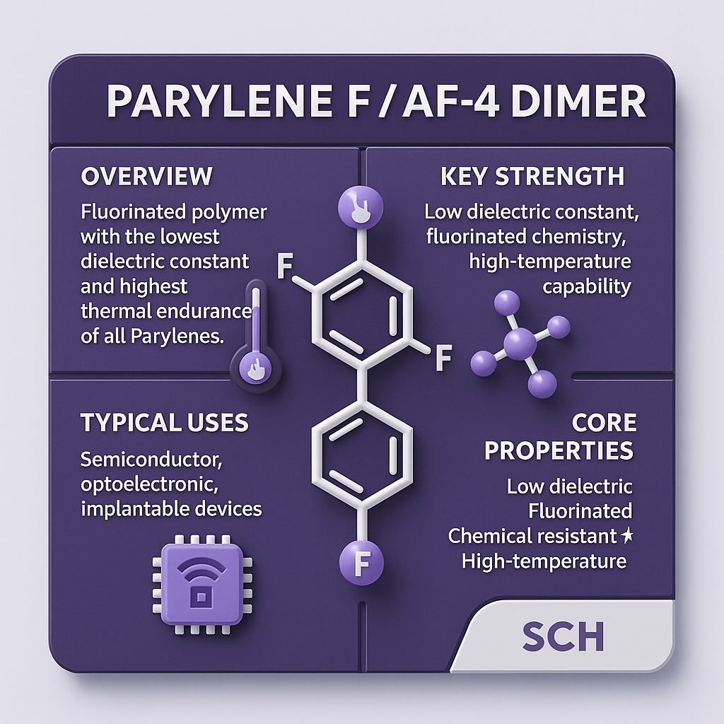 3D infographic for Parylene F / AF-4 dimer by SCH Services Ltd, showing overview, key strengths, typical uses, and core properties with violet-indigo accents, emphasising fluorinated chemistry, low dielectric constant, and high-temperature performance.